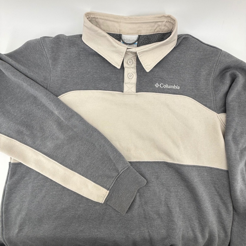 Columbia Mens Gray Tan Colorblock Fleece Rugby Pullover Sweatshirt AM3888 Medium